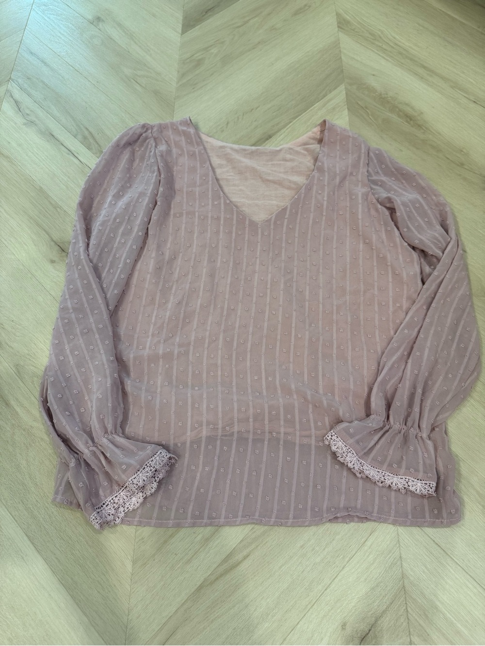 Sheer Light Mauve V-Neck Blouse with Lace Cuffs